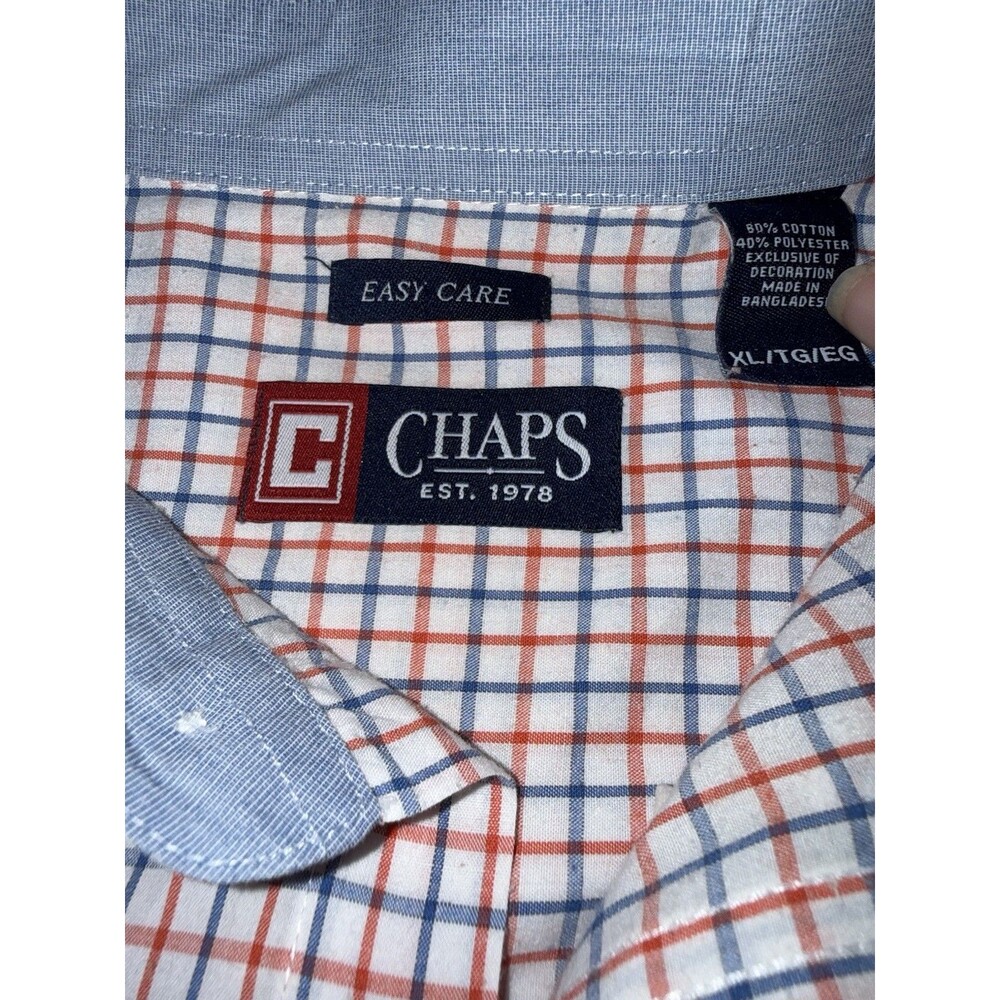 Chaps Men's XL Easy Care Long Sleeve Button-Down Shirt White Blue Red Check